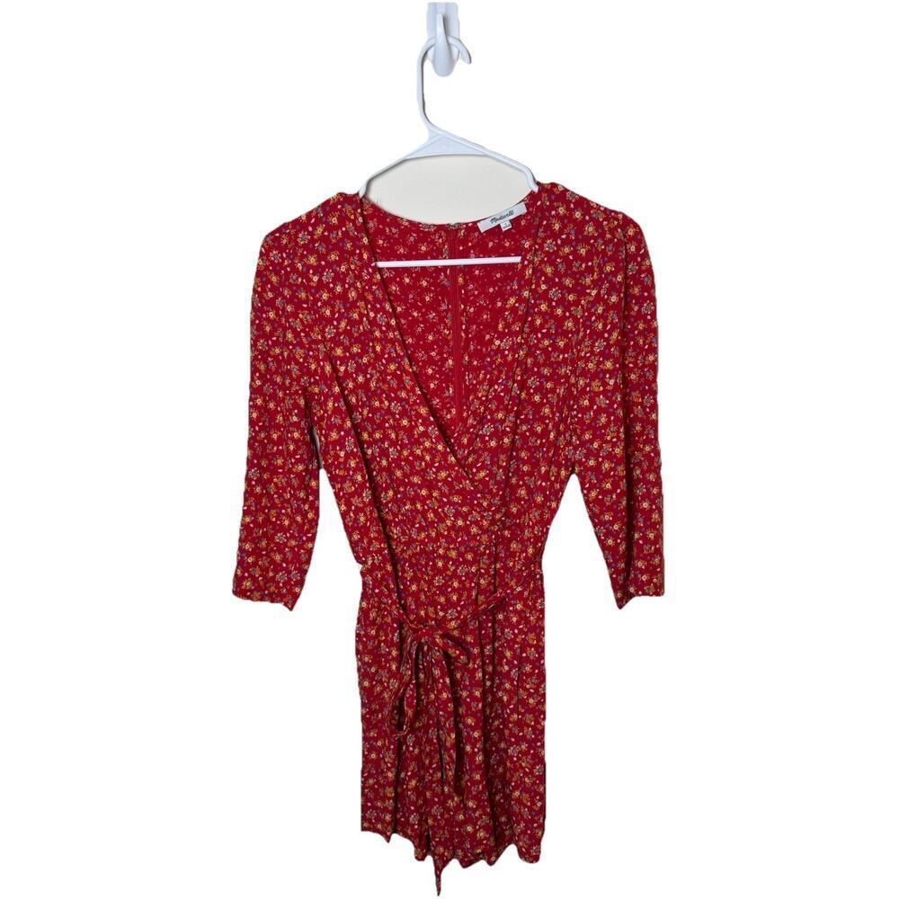Madewell Silk Wrap Front-Midi Dress Romper‎ in Red Floral Pattern Size 4